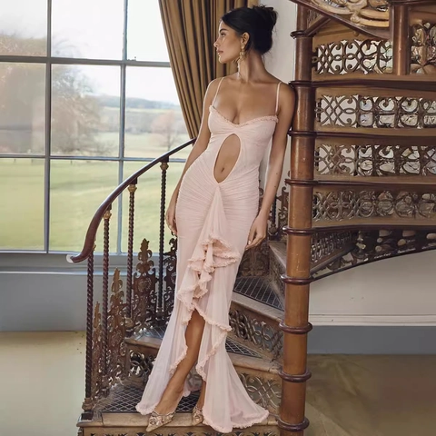 Women Sexy Spaghetti Strap Hollow Out Maxi Dress Ruffle Hem Irregular Ruched Party Dress Elegant Evening Wedding Gown