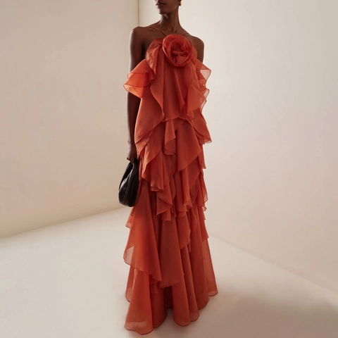 Γυναικείο Sexy Halter Cold Shoulder Μάξι Φόρεμα με 3D Λουλούδια και Βολάν από Σιφόν Μονόχρωμο Χαλαρά Φορέματα Διακοπών Κομψά Βραδινά