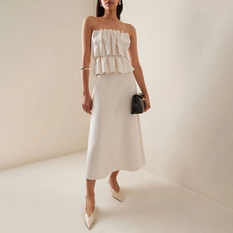 Robe Midi Blanche Élégante Sans Bretelles À Volants Style Français Patchwork Coupe Slim Robe de Soirée Mariage Fête Pour Femmes
