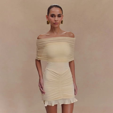 Vestido Mini Fruncido con Hombros Descubiertos para Mujer Elegante Dobladillo con Volantes de Malla Ajustado Color Sólido Sexy