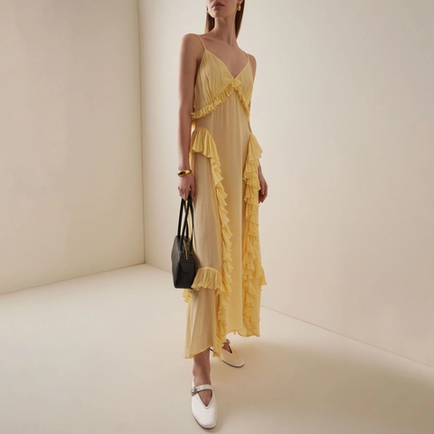 French Vacation Style Women Yellow Ruffle Cami Maxi Dress Sexy V Neck Sleeveless Polyester Long Dress For Summer Party