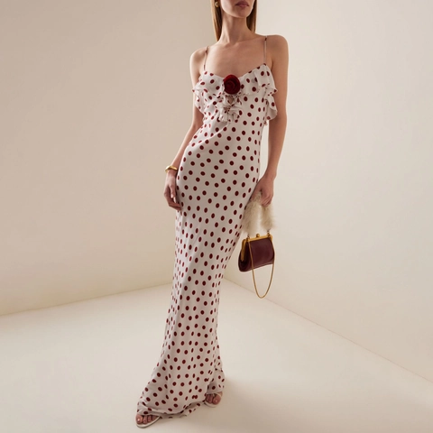Abito Maxi Vintage da Donna Bianco e Rosso a Pois Con Rosa Tridimensionale Volant Spalline Sottili Schiena Scoperta Abito Lungo Slim Fit