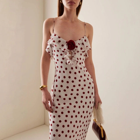 Abito Maxi Vintage da Donna Bianco e Rosso a Pois Con Rosa Tridimensionale Volant Spalline Sottili Schiena Scoperta Abito Lungo Slim Fit