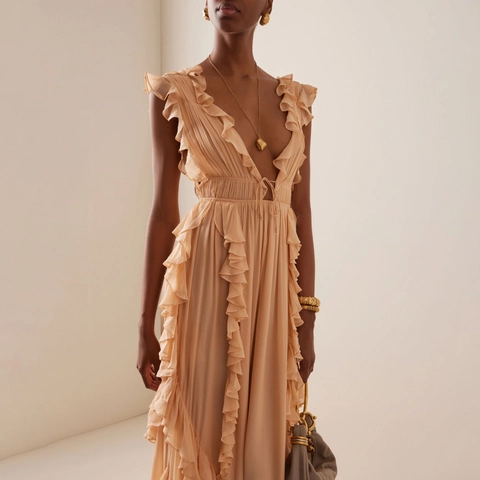 Women Elegant Deep V Neck Ruffle Maxi Dress Sleeveless Pleated Chiffon Backless Tie Party Banquet Evening Long Gown