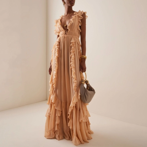 Women Elegant Deep V Neck Ruffle Maxi Dress Sleeveless Pleated Chiffon Backless Tie Party Banquet Evening Long Gown