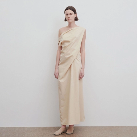 Women Elegant Cowl Neck Sleeveless Maxi Dress Asymmetrical Draped Apricot Evening Gown Minimalist Cotton Linen Blend Dress