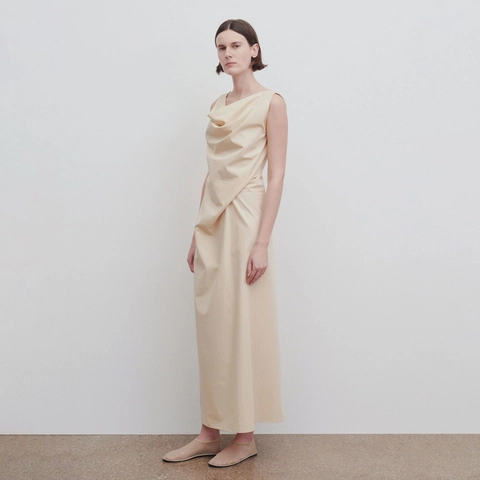 Women Elegant Cowl Neck Sleeveless Maxi Dress Asymmetrical Draped Apricot Evening Gown Minimalist Cotton Linen Blend Dress