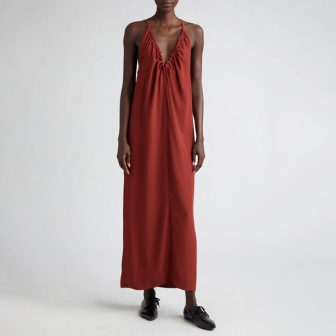Women Deep V Neck Pleated Maxi Camisole Dress Elegant Minimalist Sleeveless Solid Color Spaghetti Strap Satin Long Party Dress