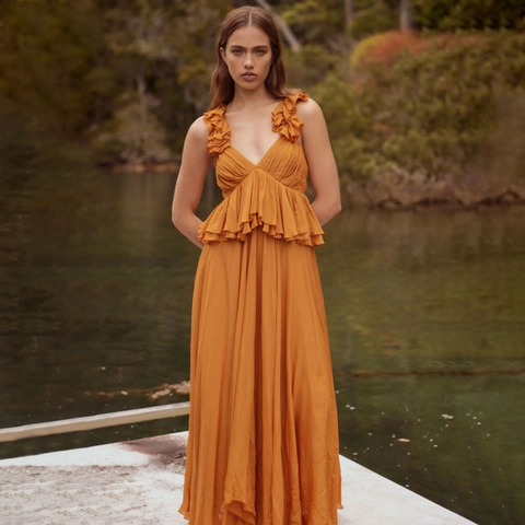 Vestido Largo Maxi Vintage Francés con Cuello en V y Volantes Verano Vacaciones Amarillo Jengibre Gasa Plisado Sin Mangas Fiesta
