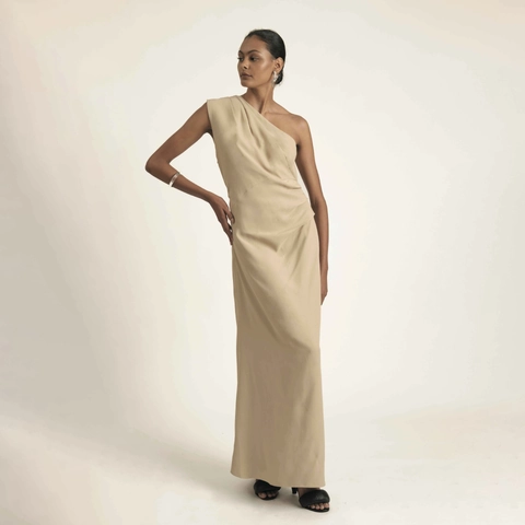 Vestido Largo Fruncido Elegante de Un Hombro para Mujer Sexy Asimétrico Sin Mangas Color Sólido Fiesta Noche