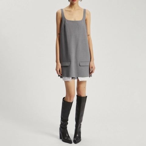 Women Elegant Square Neck Camisole Mini Dress Grey A-Line Sleeveless Dress With Decorative Pockets Contrast Hem Summer Wear