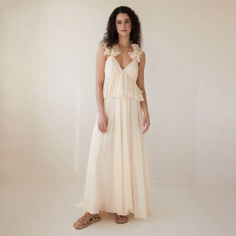 Vestido Largo Maxi Vintage Francés con Cuello en V y Volantes Verano Vacaciones Amarillo Jengibre Gasa Plisado Sin Mangas Fiesta