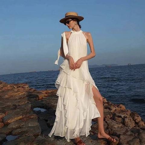 Damen Elegant Neckholder Stufenrock Maxi Kleid Rückenfrei Tencel Urlaub Strand Weißes Langes Sonnenkleid Abend Party Kleid