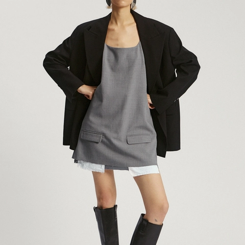 Women Elegant Square Neck Camisole Mini Dress Grey A-Line Sleeveless Dress With Decorative Pockets Contrast Hem Summer Wear