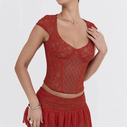 Conjunto de Dos Piezas de Corsé de Encaje Rojo Estilo Francés Y Minifalda Con Soporte de Varillas Para Mujer Ropa de Fiesta Sexy