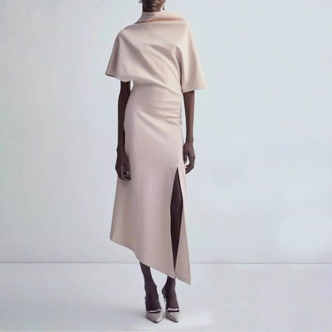 French Elegant Cowl Neck Midi Dress Women Asymmetric Hem Side Slit Short Sleeve Slimming Solid Apricot Casual Summer Dress