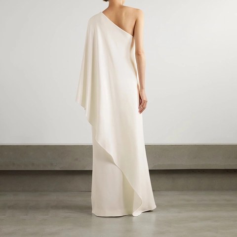 Elegant One Shoulder Satin Maxi Dress Asymmetrical Drape Cape Bell Sleeve Evening Party Gown Women Wedding Formal Occasion Dress