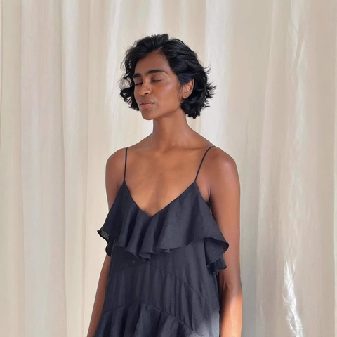 Elegant Women V Neck Strap Maxi Dress Ruffle Chiffon Patchwork Solid Black Long A Line Party Dress For Summer