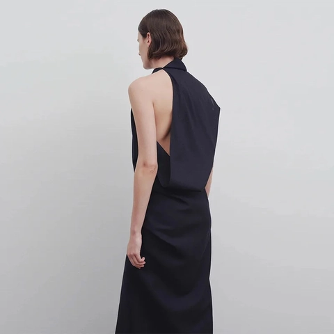 Abito Maxi Nero Minimalista da Donna Asimmetrico Halter Senza Maniche Schiena Scoperta Pieghettato Elegante Festa Abito Formale