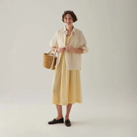 Abito Midi Giallo Donna Scollo Quadrato Stile Francese Minimalista Spalline Larghe Pieghe Linea a A Estate Senza Maniche