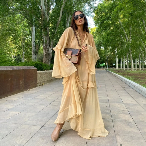 Vestido Maxi de Gasa Elegante con Cuello en V para Mujer Manga Acampanada con Volantes Bohemio Playa Vacaciones Color Sólido Amarillo