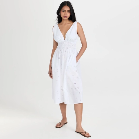Women White Sleeveless Deep V-Neck Midi Dress Elegant Floral Embroidery Smocked Waist Summer Vacation A-Line Beach Dress