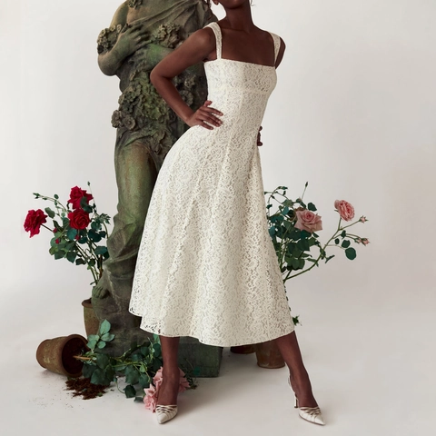 Women's Vintage White Floral Lace Midi Dress Square Neck Wide Straps Hollow Out Crochet Elegant Wedding Party Dress