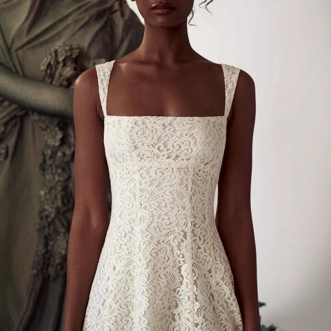 Women's Vintage White Floral Lace Midi Dress Square Neck Wide Straps Hollow Out Crochet Elegant Wedding Party Dress