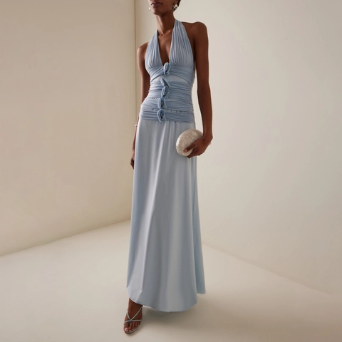 Damen Sexy Halter Neck Maxi Kleid Satin Optik Gerafft 3D Blume Rückenfrei Schlitz Elegant Abend Party Urlaub Langes Kleid