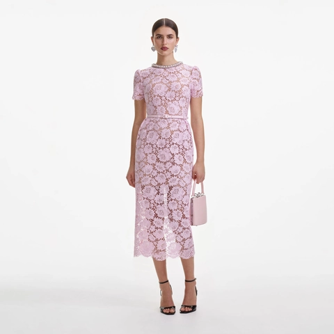 Elegant Pink Lace Midi Dress With Belt Round Neck Hollow Out Floral Short Sleeve Bodycon Evening Party Dress For Women