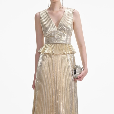 Abito Lungo da Donna Elegante in Oro Metallizzato con Scollo a V Profondo Plissettato Senza Maniche a Vita Alta Abito da Sera per Matrimonio Festa