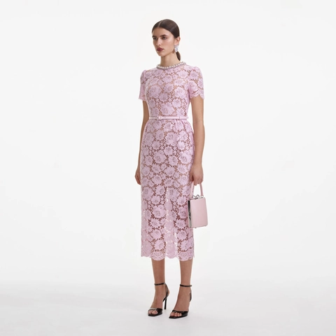 Elegant Pink Lace Midi Dress With Belt Round Neck Hollow Out Floral Short Sleeve Bodycon Evening Party Dress For Women