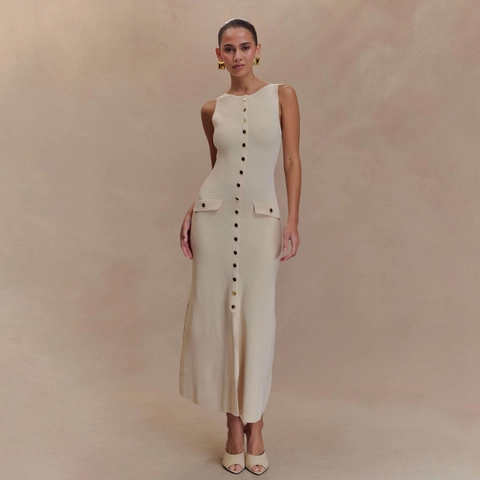 Women Elegant Sleeveless Knitted Maxi Dress With Gold Buttons Ribbed Slim Fit Solid Color Vestidos For Party Casual