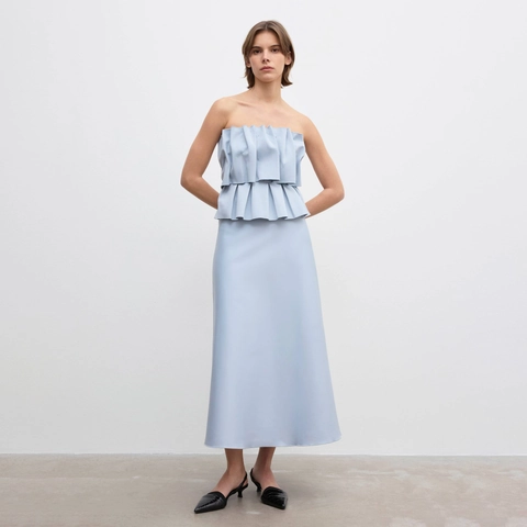 Robe Midi Bandeau Plissée de Style Français Élégant Volants Patchwork Taille Haute Jupe Ligne A Pour Femme Mariage Fête Soirée