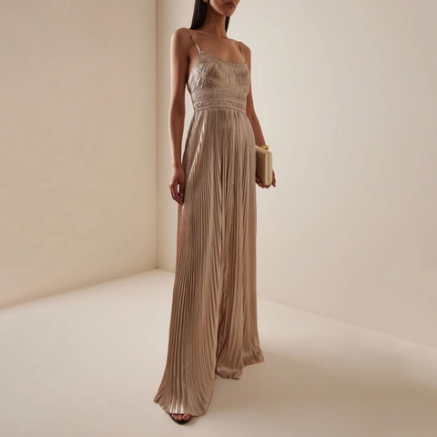 Elegante Abito Maxi Pieghettato Oro Champagne Schiena Scoperta Raso Spalline Sottili Abito da Sera Donna Matrimonio Banchetto Cocktail