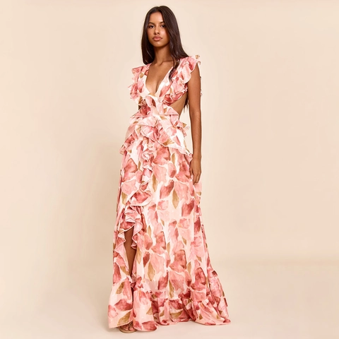 Abito Lungo Con Scollo a V Profondo Ruches Floreale Da Donna Sexy Ritaglio Schiena Scoperta Chiffon Vacanza Festa Sera Senza Maniche