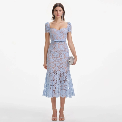 Vestido Midi de Sirena con Encaje Floral Elegante para Mujer Sexy Escote Corazón Manga Corta Espalda Descubierta Vestido de Fiesta Boda Con Cinturón