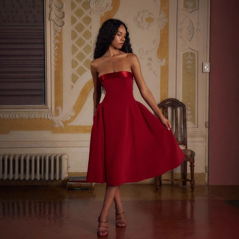 Damen Elegant Rot Bandeau Midikleid Satinbesatz Rückenfrei A-Linie Abendkleid Formell Weihnachten Retro Bandeau Sommerkleid