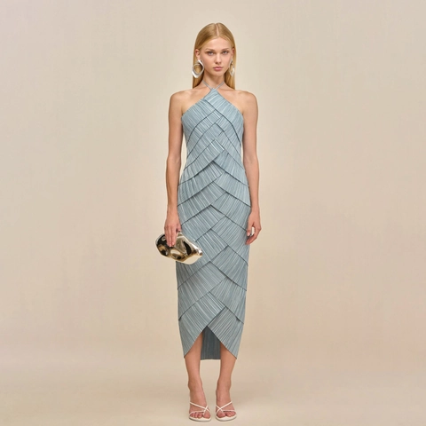 Damen Elegant Halter Ausschnitt Rückenfrei Plissiert Maxikleid Gestuftes Abendkleid Für Hochzeitsbankett Promi Stil Langes Kleid