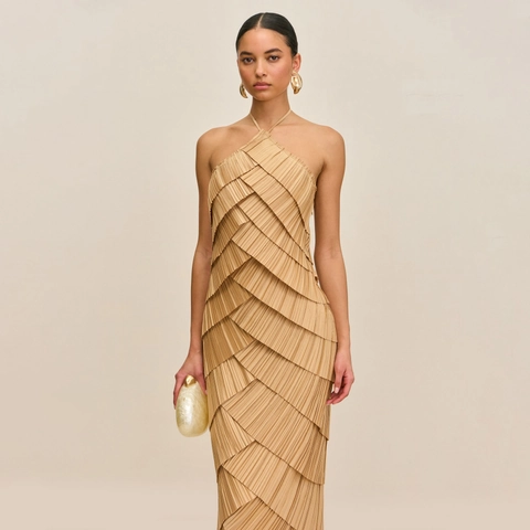 Damen Elegant Halter Ausschnitt Rückenfrei Plissiert Maxikleid Gestuftes Abendkleid Für Hochzeitsbankett Promi Stil Langes Kleid