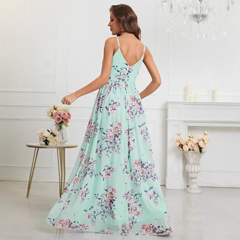 Damen Elegant Minzgrün Blumen Maxikleid Sexy V-Ausschnitt Hoher Schlitz Sommer Urlaub Party Abendkleid