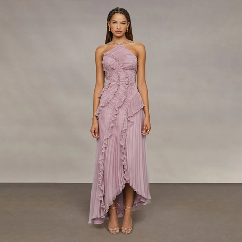 Damen Elegantes Plissiertes Chiffon Maxi Kleid Halter Ausschnitt Asymmetrische Rüschen Abendkleid Für Hochzeit Party Hellviolett