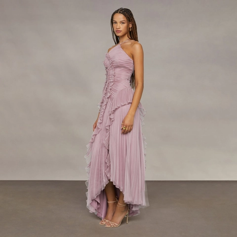 Damen Elegantes Plissiertes Chiffon Maxi Kleid Halter Ausschnitt Asymmetrische Rüschen Abendkleid Für Hochzeit Party Hellviolett