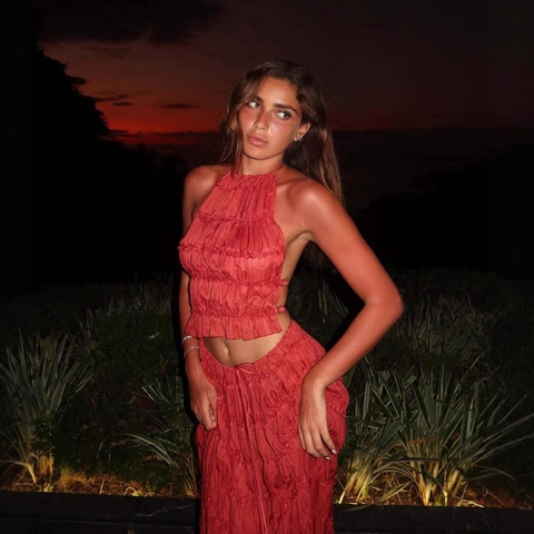 Sexy Halter Senza Schienale Set Due Pezzi Donna Gonna Maxi a Balze e Crop Top per Vacanza Festa Rosso Ruggine