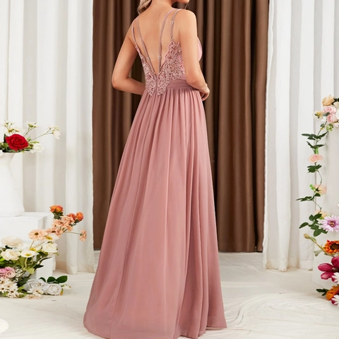 Abito da Sera Donna Elegante con Scollo a V Plissettato Lungo Senza Maniche Chiffon Schiena Scoperta Rosa Blu Festa