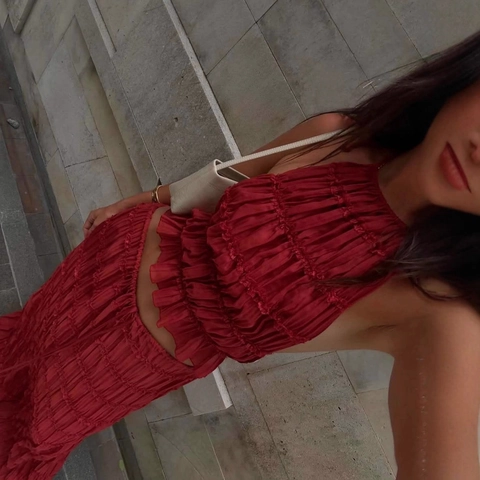 Sexy Halter Senza Schienale Set Due Pezzi Donna Gonna Maxi a Balze e Crop Top per Vacanza Festa Rosso Ruggine
