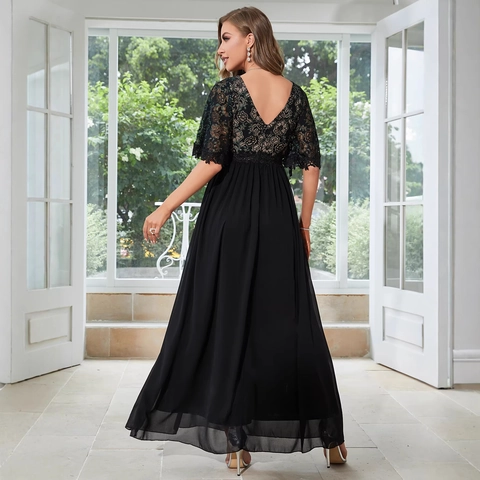 Elegantes Schwarzes Abendkleid Mit V-Ausschnitt Spitzenpatchwork Kurzarm Chiffon Maxikleid Für Formelles Bankett Party Damen