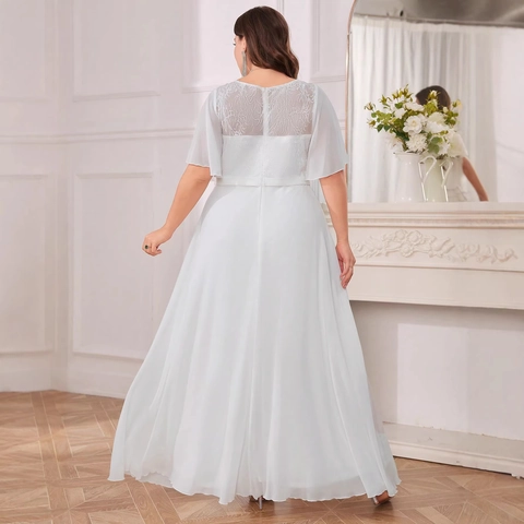 Vestido de Noche de Talla Grande para Mujer Cuello en V Encaje Gasa Elegante Color Sólido Línea A Vestido Largo para Boda