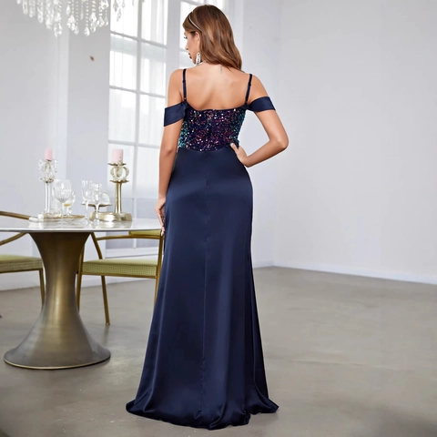 Damen Marineblau Pailletten Spaghettiträger Abendkleid Satin Lang Schlitz Kleid Für Bankett Formelle Party Gast Kleider