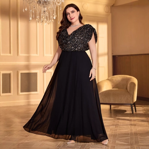 Plus Size V Neck Sequin Evening Gown For Women Elegant Black A-Line Chiffon Maxi Dress For Wedding Party Banquet